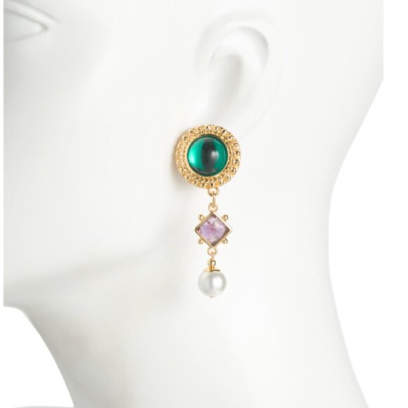 Ben-Amun Jewelry - New BEN AMUN Made In USA, 24kt Gold Plated Glass Stone And Faux Pearl Earrings
